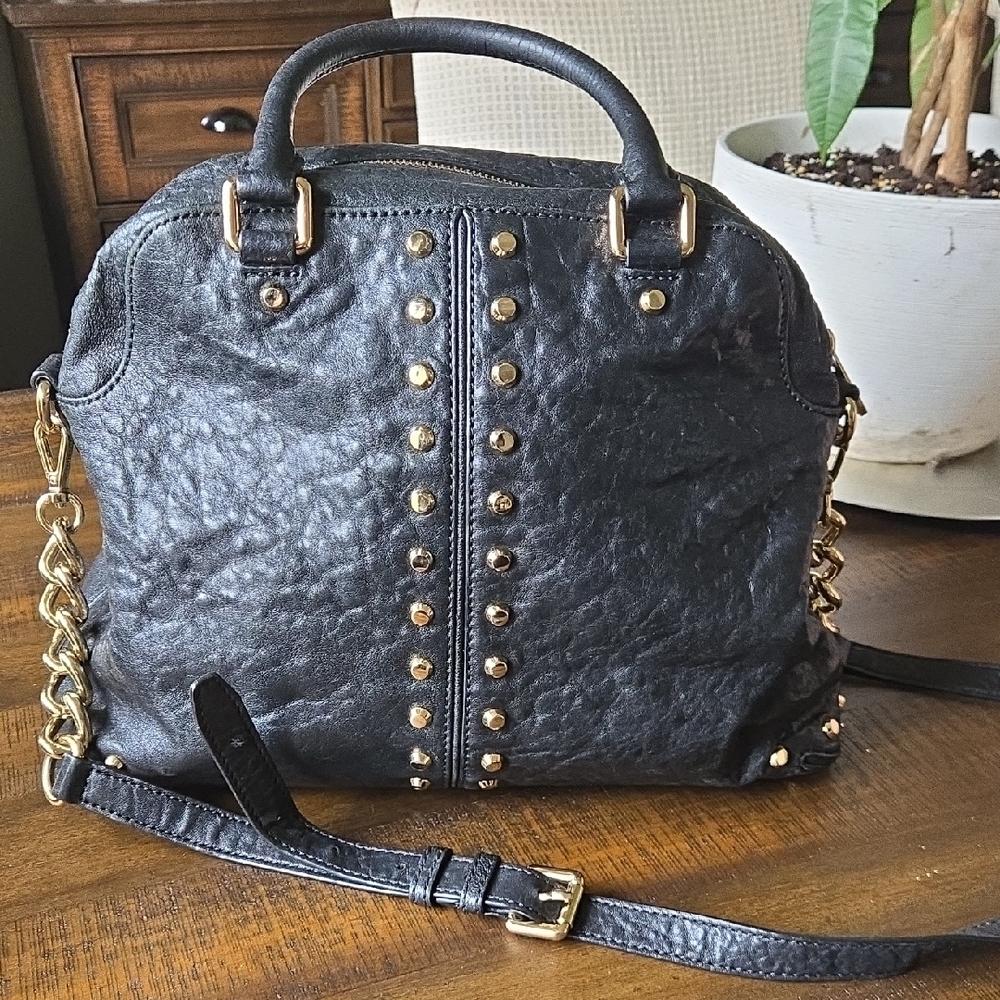 Gold-Studded Black Leather Satchel Bag